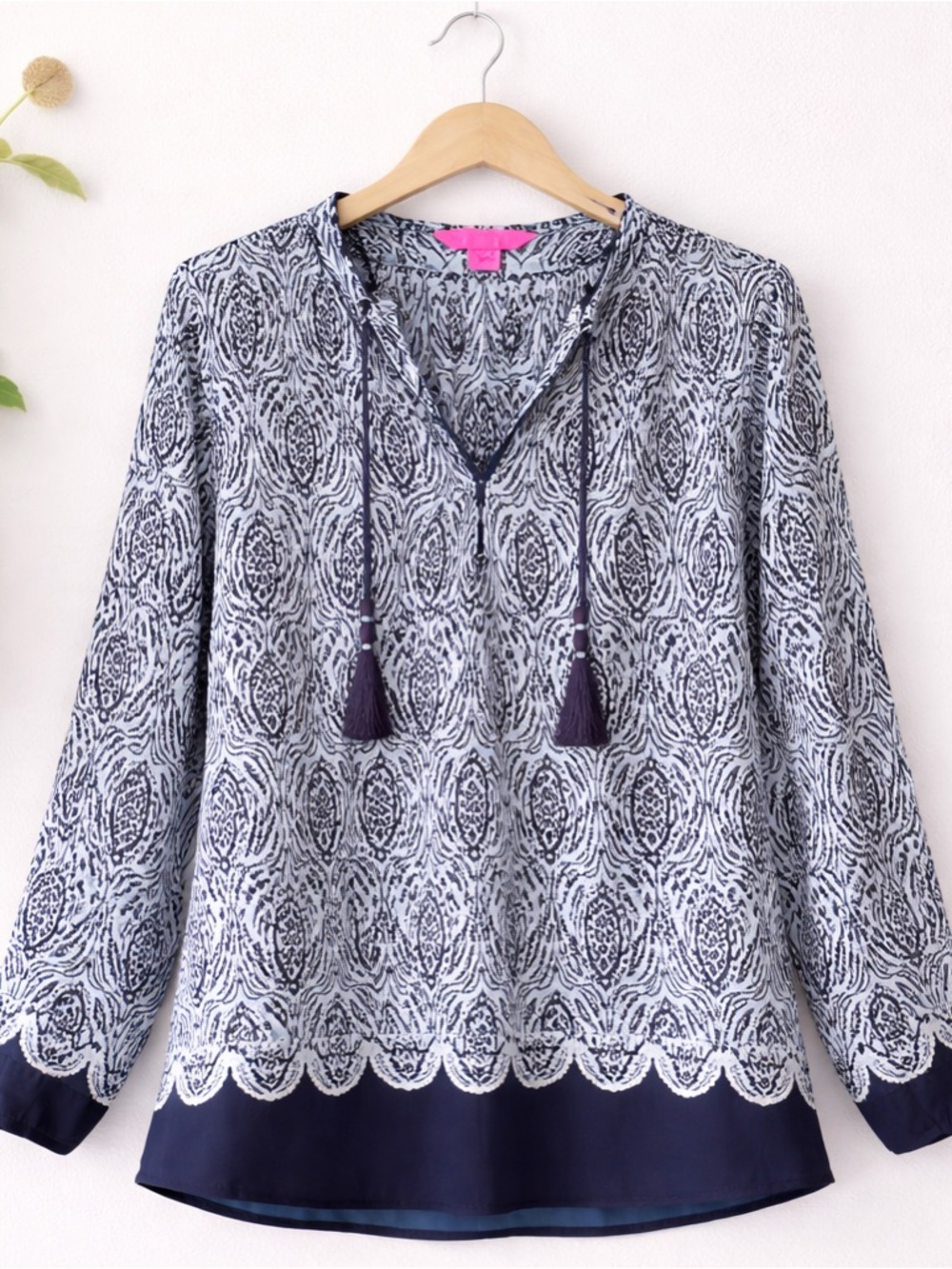 Navy and White Printed Tassel V-Neck Blouse